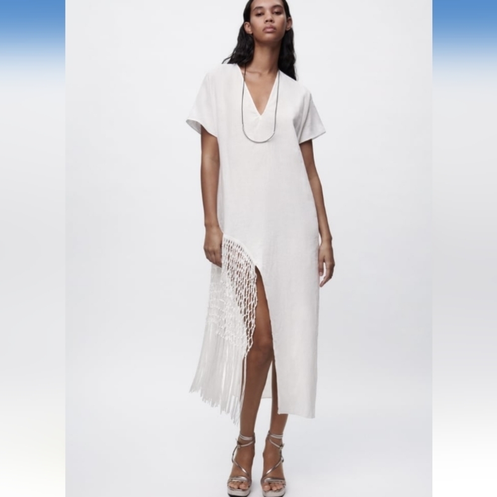 Zara 100% Linen Midi Dress With Fringe